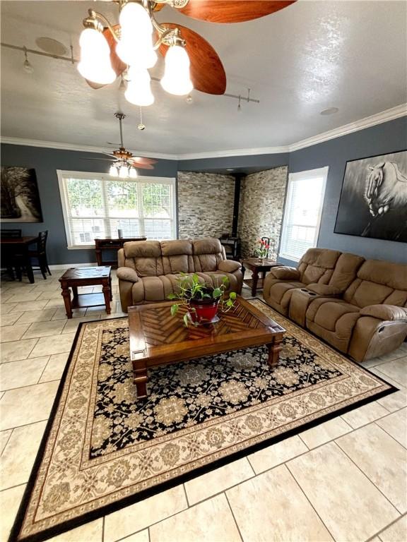 8825 Sky Watch Ln, Decatur, AR 72722 - living room featuring a wood stove, rail lighting, a ceiling fan, ornamental molding, and baseboards
