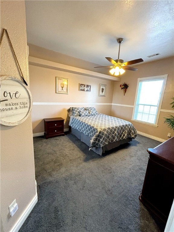 bedroom with dark carpet and ceiling fan