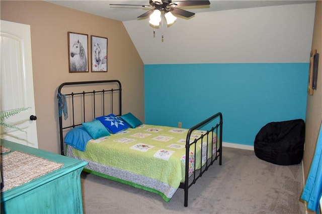 bedroom featuring carpet flooring, ceiling fan, and lofted ceiling