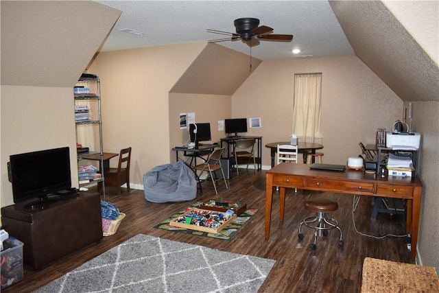 office space with a textured ceiling, ceiling fan, hardwood / wood-style floors, and vaulted ceiling