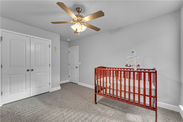 bedroom featuring carpet, a closet, and ceiling fan