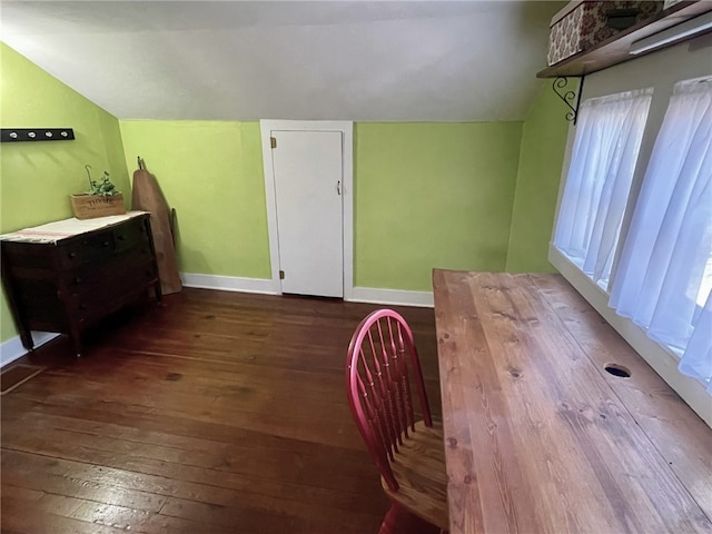 bedroom with lofted ceiling and dark wood-type flooring