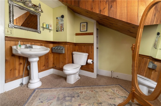 bathroom with wooden walls and toilet