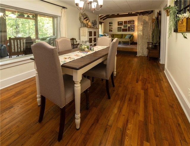 dining area with a chandelier, dark wood-type flooring, and crown molding