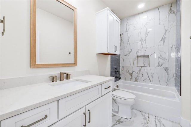 full bathroom with recessed lighting, marble finish floor, toilet, vanity, and bathtub / shower combination