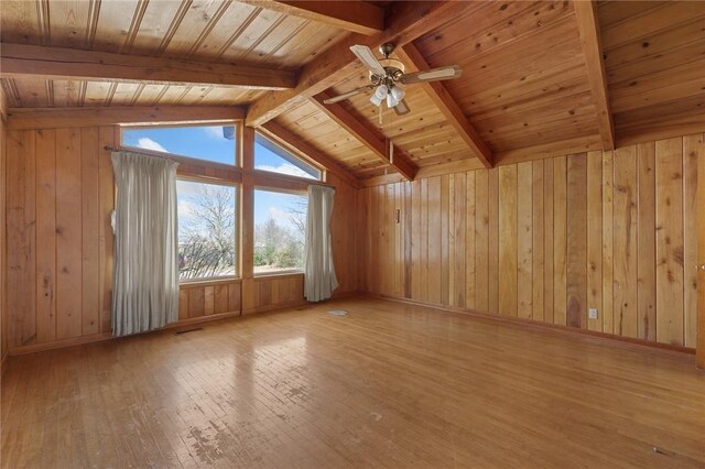 bonus room featuring wood walls, vaulted ceiling with beams, ceiling fan, wood-type flooring, and wood ceiling