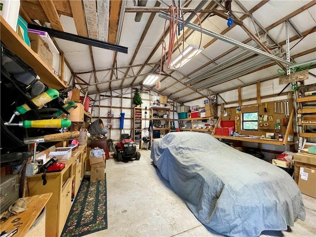 garage with a workshop area