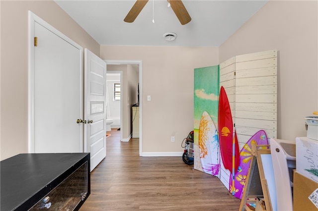 playroom featuring ceiling fan and hardwood / wood-style floors