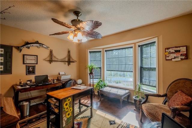 office space with a textured ceiling, a wealth of natural light, and light hardwood / wood-style flooring