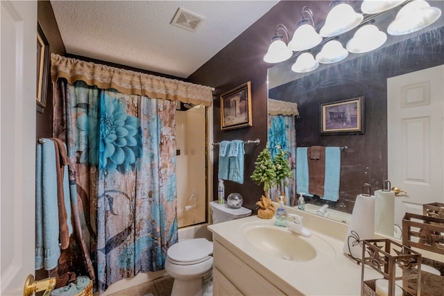 full bathroom featuring shower / bath combo, tile patterned flooring, a textured ceiling, toilet, and vanity