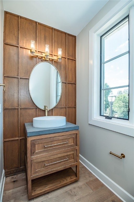 bathroom with hardwood / wood-style floors and vanity