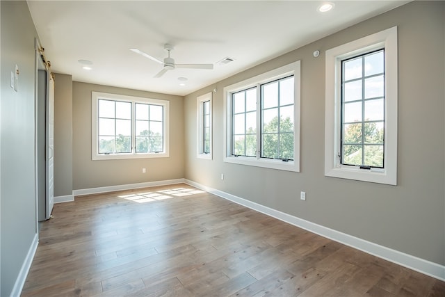 spare room featuring a healthy amount of sunlight, ceiling fan, and light hardwood / wood-style flooring