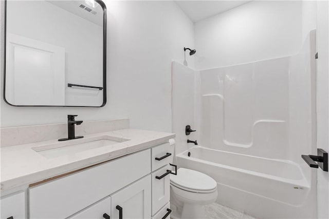 bathroom featuring vanity, shower / bathing tub combination, toilet, and visible vents