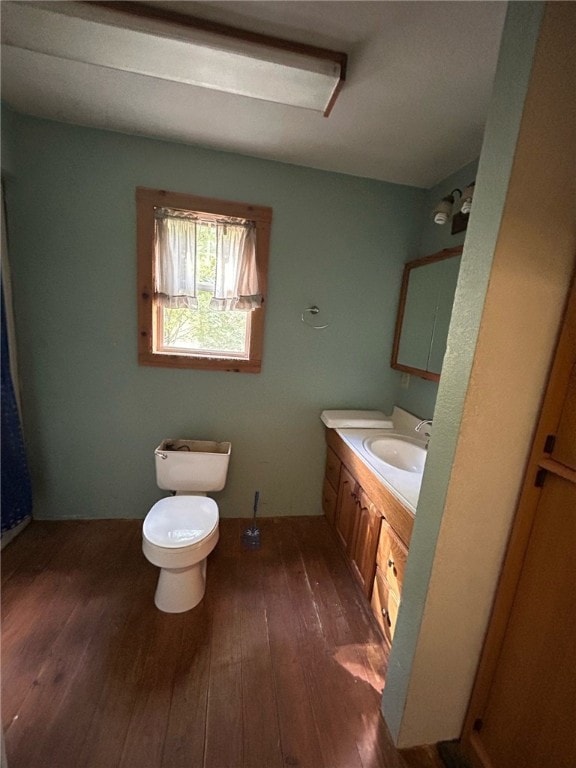 bathroom with hardwood / wood-style floors, vanity, and toilet