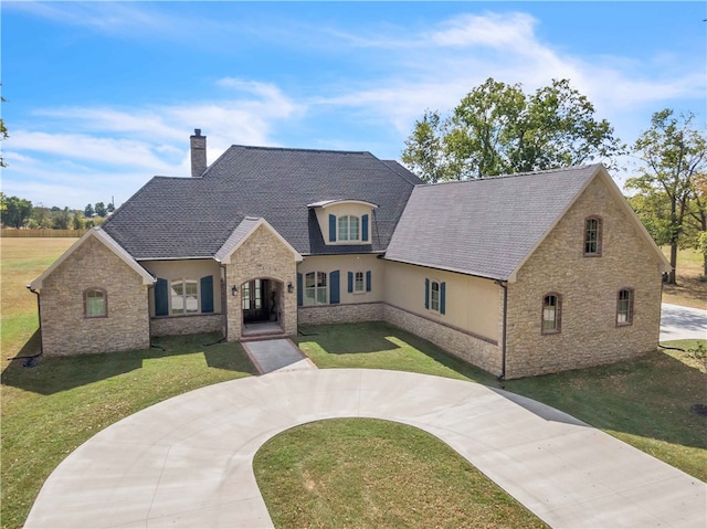 french country home featuring curved driveway, a chimney, stone siding, and a front lawn