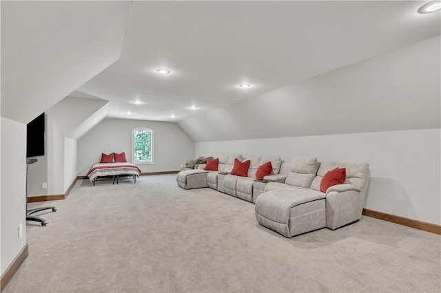 carpeted living area featuring baseboards, vaulted ceiling, and recessed lighting