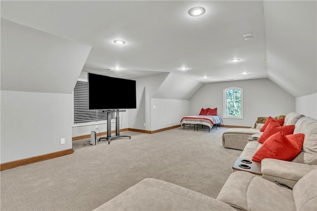 carpeted bedroom with recessed lighting, baseboards, and vaulted ceiling