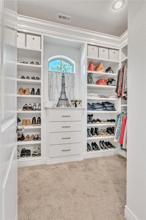walk in closet with visible vents and carpet
