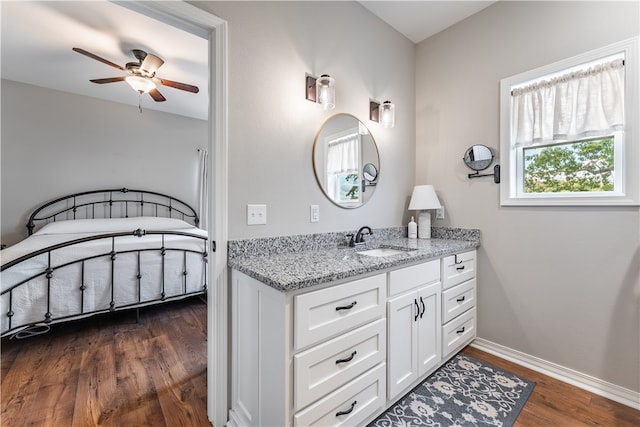 bathroom featuring wood-type flooring, vanity, and ceiling fan