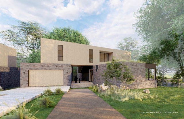 southwest-style home featuring a garage, stone siding, and stucco siding