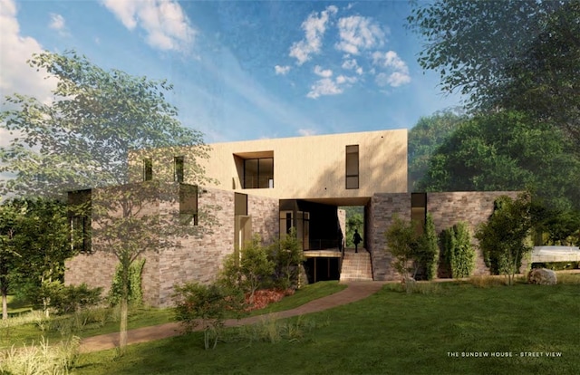 view of front facade with stone siding, a front lawn, and stucco siding