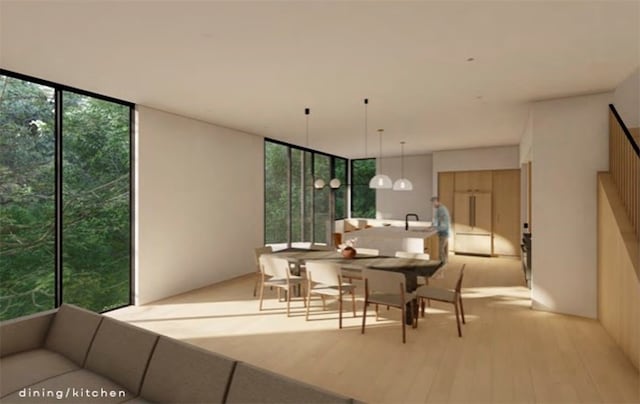 dining space featuring expansive windows and light hardwood / wood-style floors