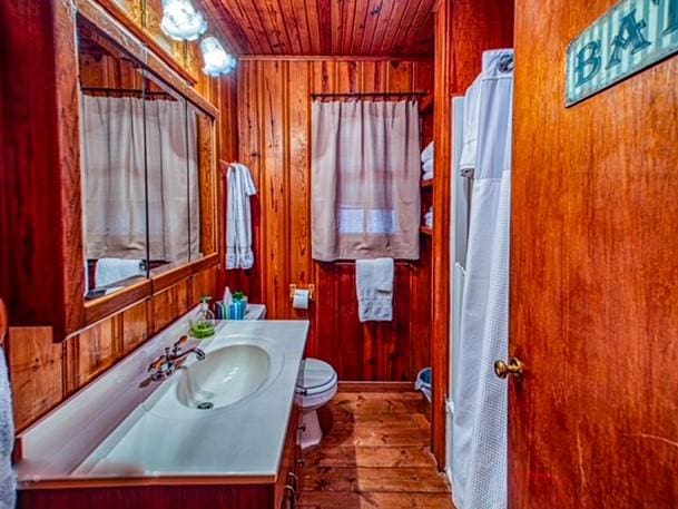 bathroom featuring toilet, wooden walls, vanity, wood ceiling, and hardwood / wood-style flooring