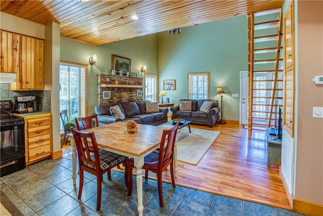 dining room featuring hardwood / wood-style flooring and wood ceiling