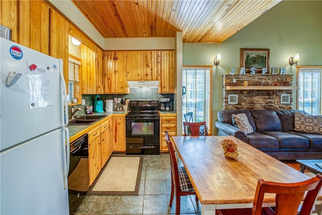 kitchen with sink, tasteful backsplash, a wealth of natural light, and black appliances