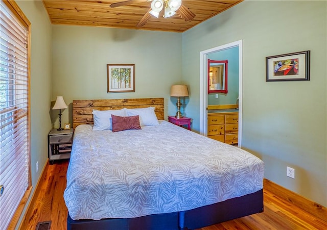 bedroom with ensuite bathroom, ceiling fan, wood ceiling, and wood-type flooring