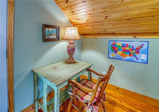 office featuring wooden ceiling, light hardwood / wood-style floors, and vaulted ceiling