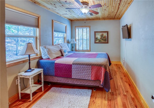 bedroom with hardwood / wood-style flooring, multiple windows, wooden ceiling, and ceiling fan