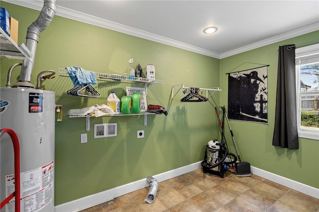 laundry area with hookup for a washing machine, water heater, crown molding, and electric dryer hookup