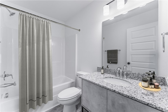 full bathroom featuring wood-type flooring, shower / bath combination with curtain, vanity, and toilet