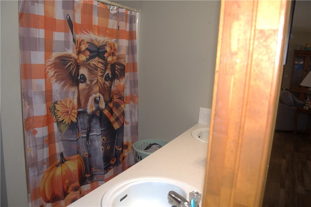 bathroom with vanity and hardwood / wood-style flooring