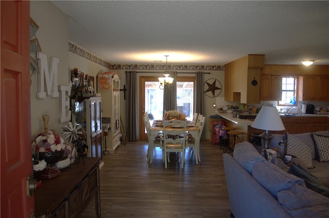 dining room with an inviting chandelier, plenty of natural light, hardwood / wood-style floors, and a textured ceiling