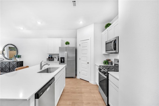 kitchen featuring visible vents, a sink, light countertops, appliances with stainless steel finishes, and white cabinetry