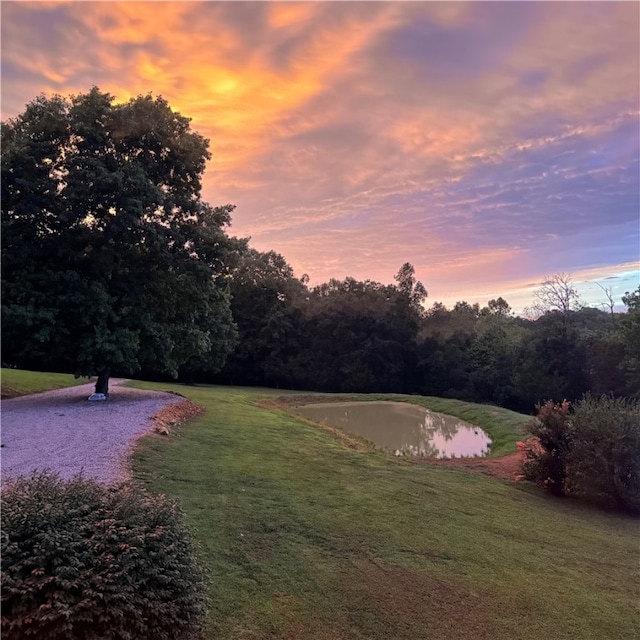 view of property's community with a lawn and a water view