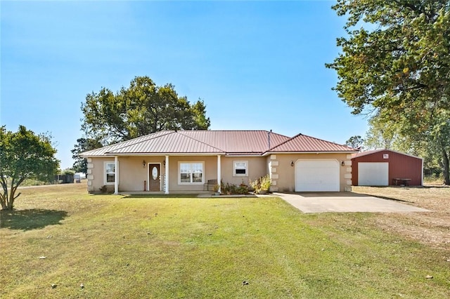20233 570th Rd, Colcord, OK 74338 - single story home with stucco siding, driveway, a garage, a front yard, and metal roof