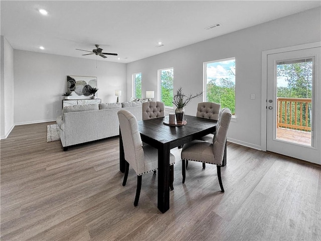 5395 Selah St, Springdale, AR 72764 - dining space featuring a ceiling fan, wood finished floors, and recessed lighting