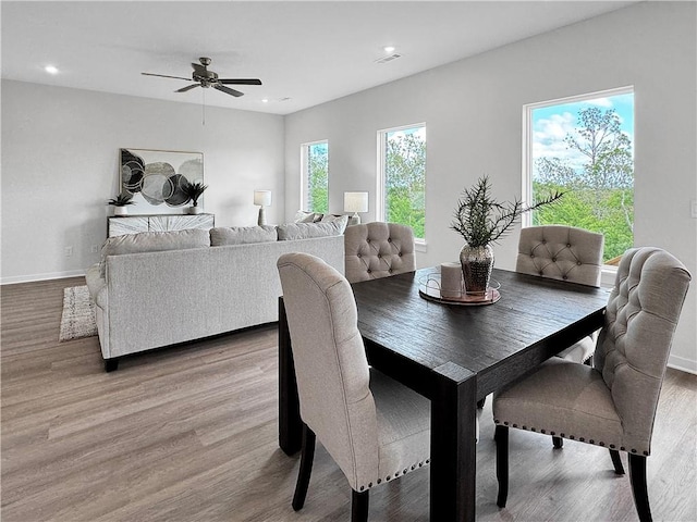 5395 Selah St, Springdale, AR 72764 - dining area featuring wood finished floors, ceiling fan, and recessed lighting
