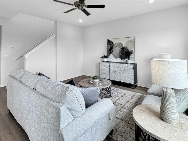 5395 Selah St, Springdale, AR 72764 - living area featuring a ceiling fan, dark wood-type flooring, stairway, and recessed lighting