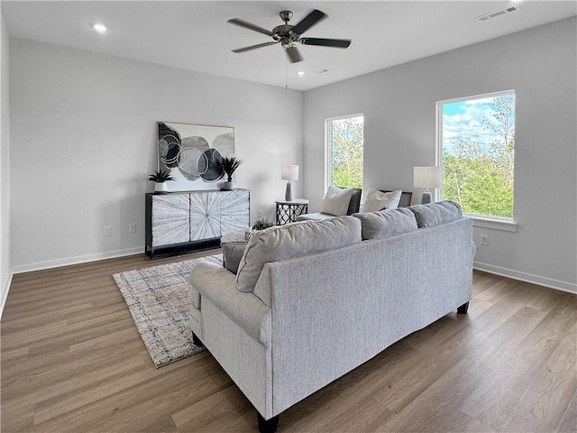 5395 Selah St, Springdale, AR 72764 - living room with wood finished floors, a ceiling fan, and recessed lighting