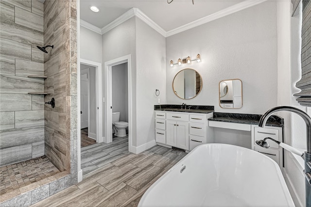 full bathroom with independent shower and bath, hardwood / wood-style floors, vanity, and toilet