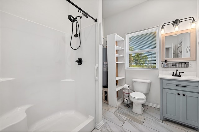 bathroom with backsplash, a shower, vanity, and toilet