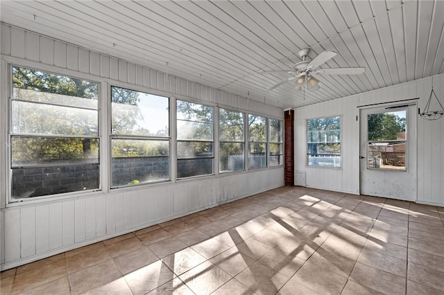 unfurnished sunroom with plenty of natural light, ceiling fan, and wooden ceiling