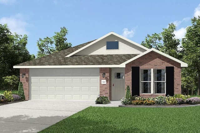 ranch-style home with a front lawn and a garage