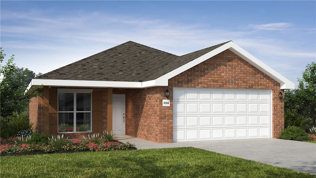 ranch-style house with a front lawn and a garage