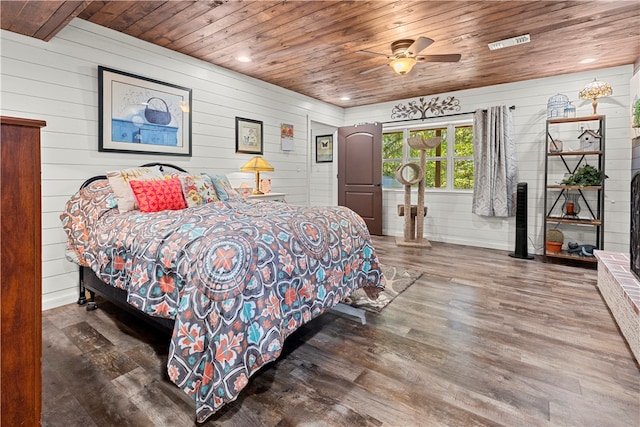 bedroom featuring wood ceiling, hardwood / wood-style floors, wood walls, and ceiling fan