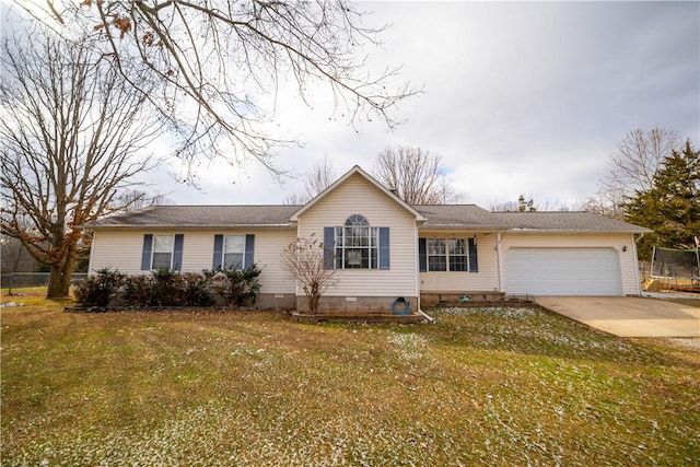 ranch-style house with a garage and a front yard